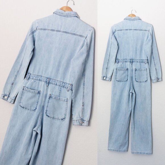 NEW Lov Mor Light Blue Wash Denim Wide Leg Jumpsuit S Cotton Blend High Waist - Picture 10 of 14